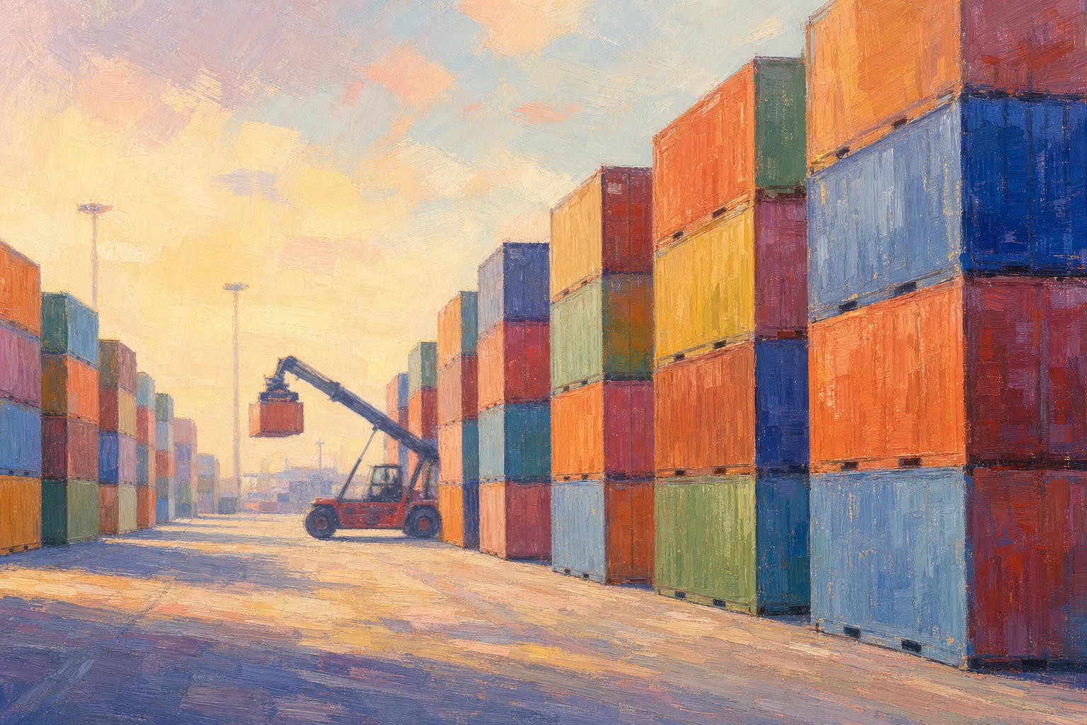 Stacked shipping containers in a port yard at dawn