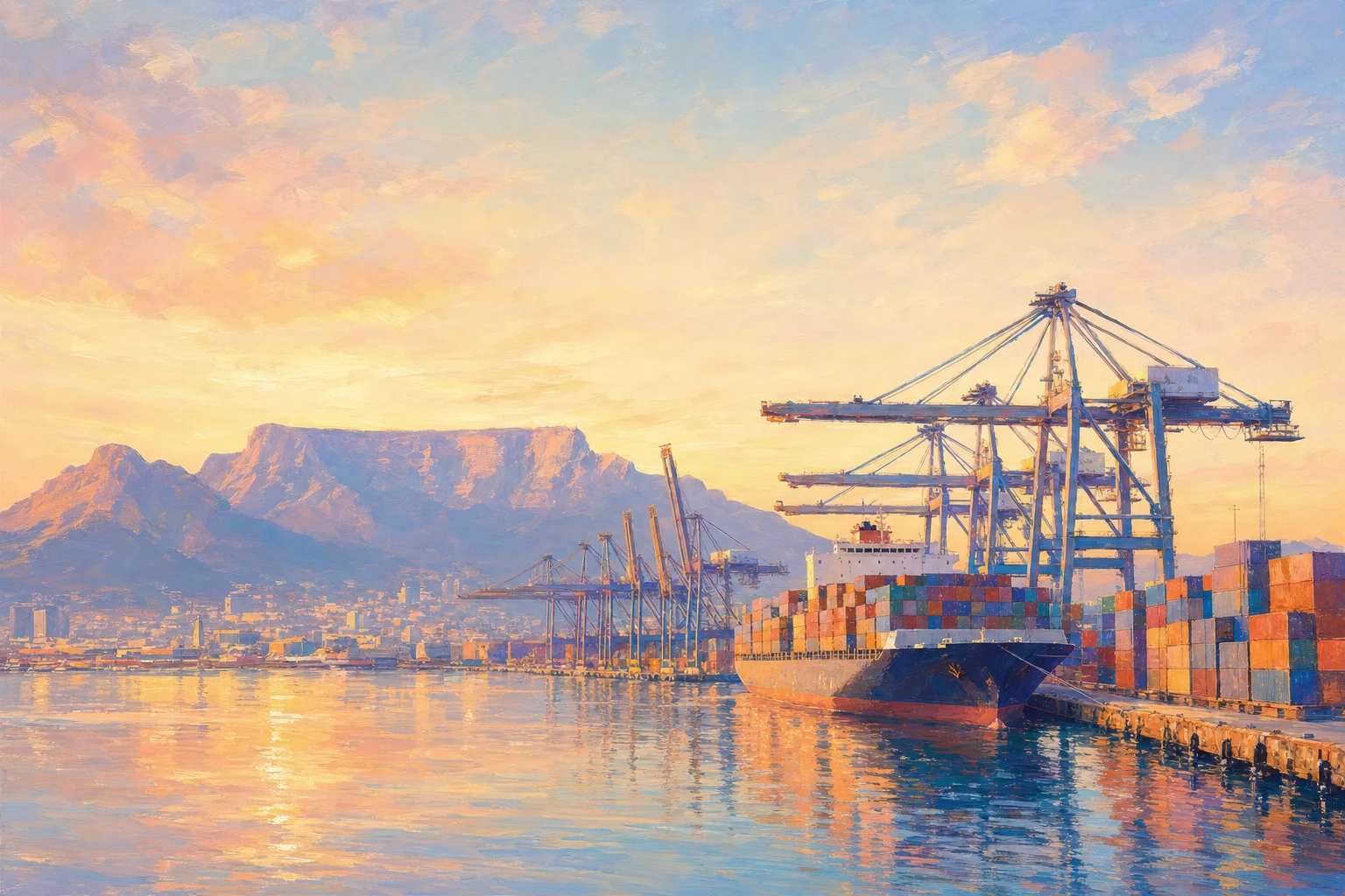 A container port at golden dawn
